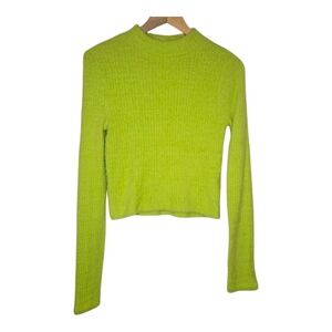 By Anthropologie Neon Lime Green Mock Neck Long Sleeve Fuzzy Sweater Medium